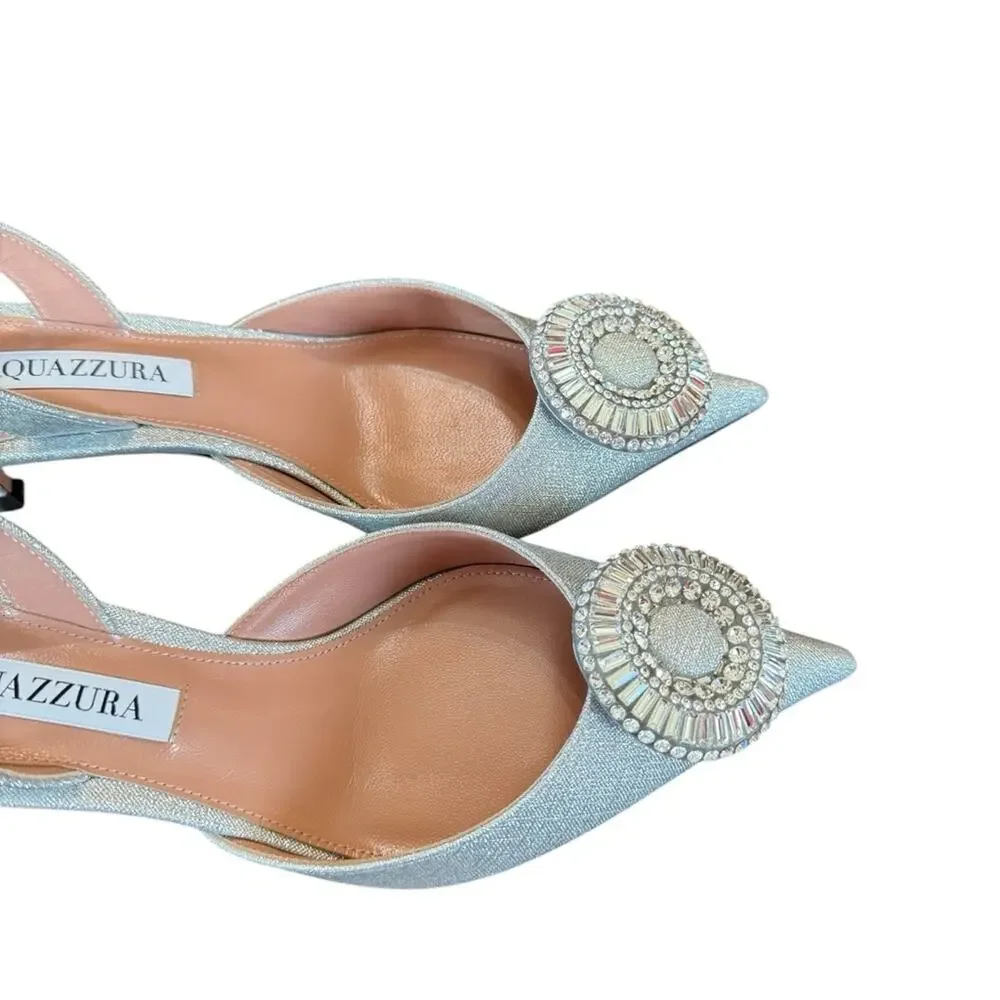 Aquazzura Crystal Hoop 50 Slingback Pumps Kitten Heel Silver NEW EU 37 US 7